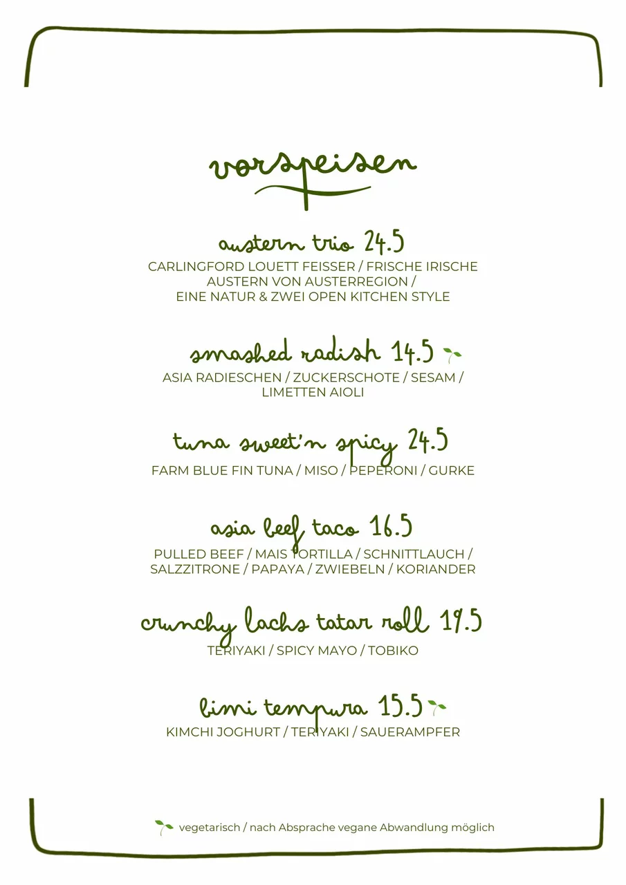 Open Kitchen Restaurant Hamburg Essen Vegan Vegetarisch Abendkarte Speisekarte
